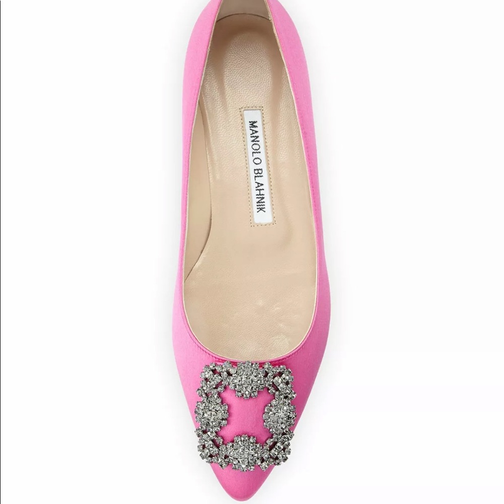 ISO Pink Manolo Blahnik Hangisi Crystal Satin Flats